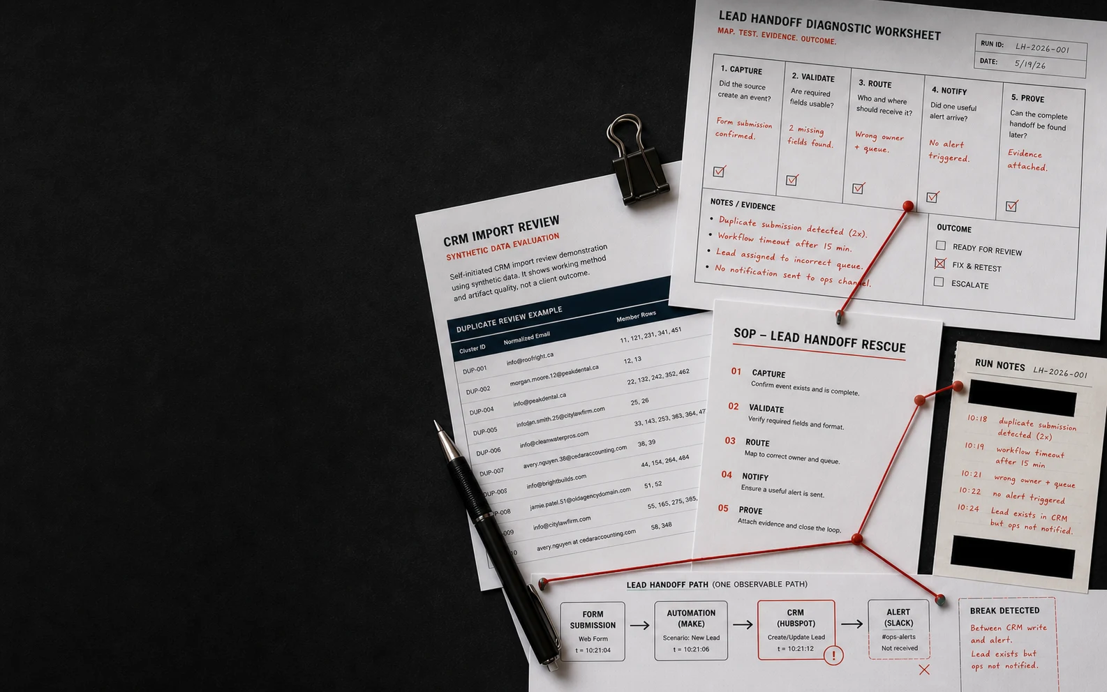 Brief Factory proof workspace with a CRM review, lead handoff map, SOP, and run notes