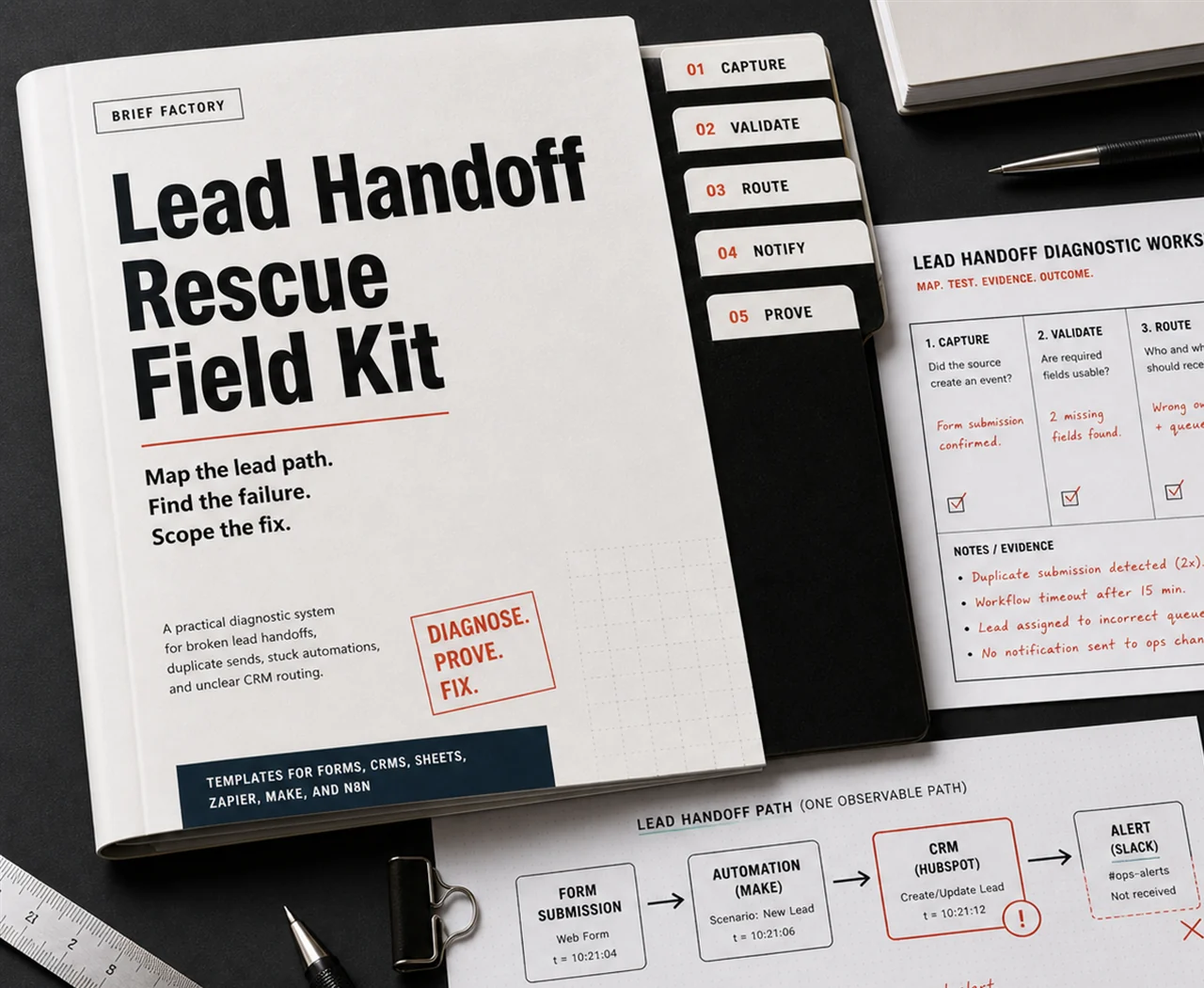Lead Handoff Rescue Field Kit workbook, diagnostic worksheet, and mapped lead path